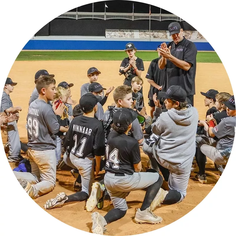 Sports-Baseball_What-To-Expect2 ELiTE Baseball team kneeling and surrounding coach
